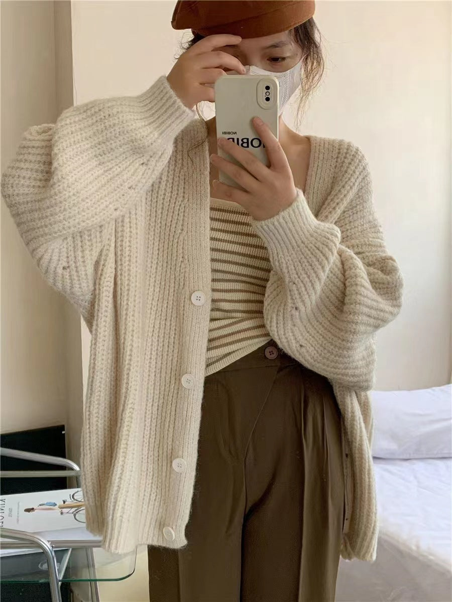 fall outfits women Gentle Pink V-neck Sweater Cardigan Women's Loose Sweet Knitted Lazy Style Coat