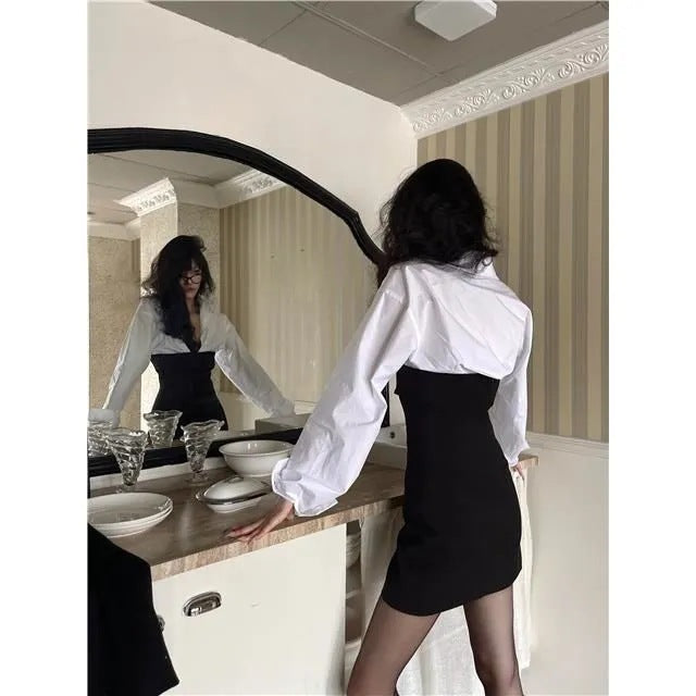 suit Retro Style Women's Temperament Small Straight Waist Shirt Tube Top Waist Tight Suit Skirt Two-Piece Fashion Suit