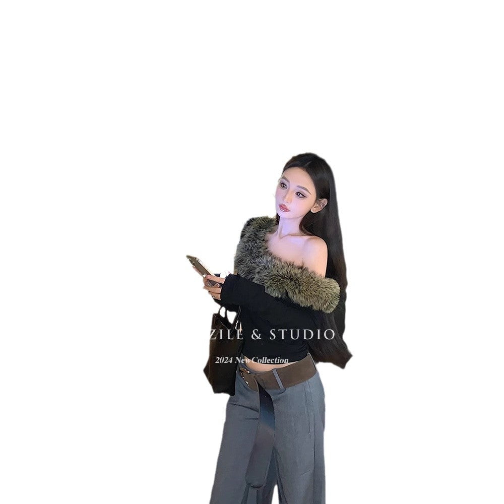 business casual outfits Plush Stitching off-Neck Top Long-Sleeved T-shirt Spring Elegant Hot Girl Casual Trousers Suit
