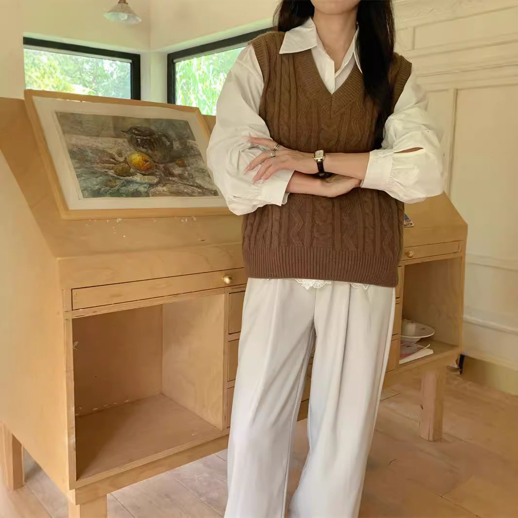 outfit inspo fall V-neck Twist Knitted Vest Overwear Outer Sweater Vest Sleeveless Women's Autumn and Winter High-Grade Temperament Top