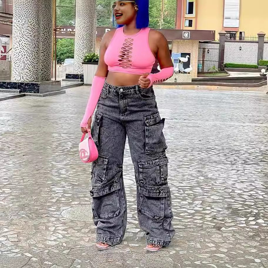 usher concert outfit ideas Jeans Fashion Trend Multi-Pocket plus Size African Jeans Overalls