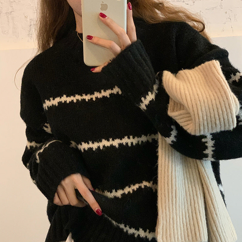 fall outfits Retro Japanese Style Lazy Loose Sweater Women's Thickened Autumn and Winter Long Sleeve Striped Half Turtleneck Sweater