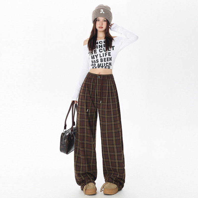 dream clothes Lazy Plaid Wide-Leg Casual Pants for Women Autumn High Waist Slimming Drawstring Fashionable Straight Pants