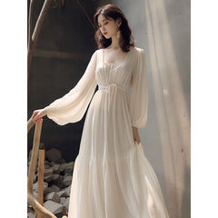 combo dress White Chiffon Long Sleeve Dress Spring Unique Super Nice Waist French Princess Dress Long Dress