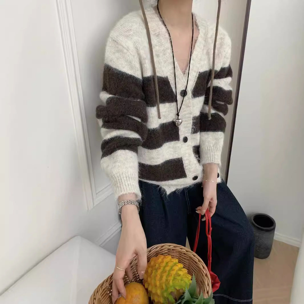 cold weather outfits Retro Contrast Color Wide Striped V-neck Knitted Cardigan Women's Autumn and Winter Lazy Loose Soft Glutinous Sweater Coat Top