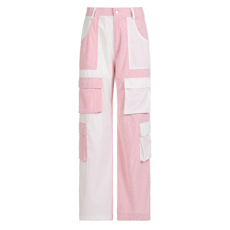 y2k outfits American Sports Street Contrast Color High Waist Corduroy Trousers 2024 Spring and Summer New Multi-Pocket Straight Wide Leg Workwear