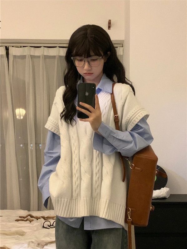 outfit inspo fall Two-Piece College Style Long Sleeve Blue Shirt + White V-neck Stacked Twist Knitted Vest for Female Students