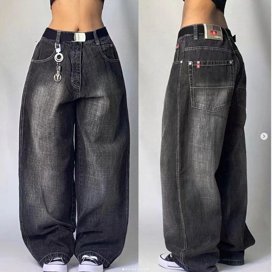 shamar Black Gray Denim Wide Leg Pants Jazz Dance Dancing Pants American High Waist Retro Distressed Ins Niche