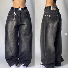 shamar Black Gray Denim Wide Leg Pants Jazz Dance Dancing Pants American High Waist Retro Distressed Ins Niche