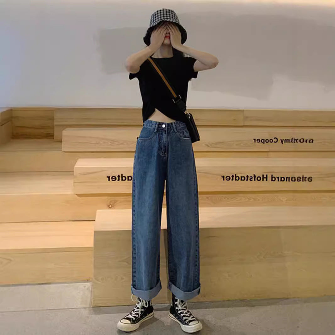 business casual outfits plus Size Women's Jeans Autumn Loose High Waist Slimming Straight Wide Leg Mopping Pants