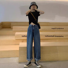business casual outfits plus Size Women's Jeans Autumn Loose High Waist Slimming Straight Wide Leg Mopping Pants