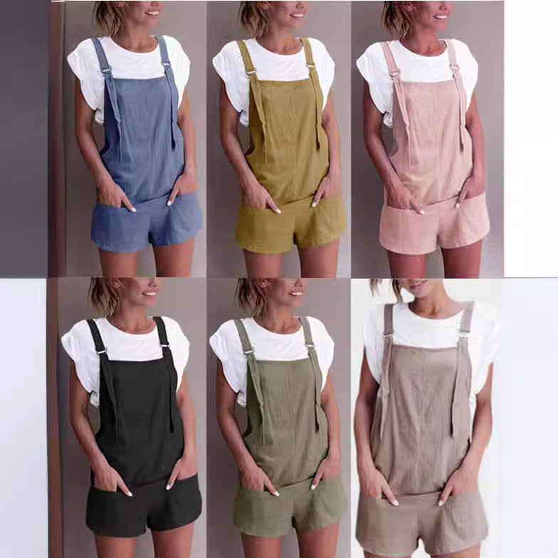 90s fashion Summer New Elegant Sweet High Waist Slimming Pocket Suspender Shorts Cotton Multi-Color Jumpsuit