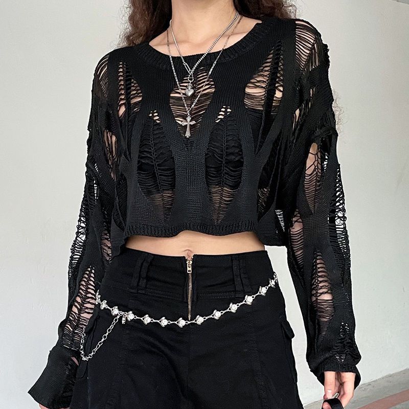 grunge outfits Knitted Blouse T Top Summer and Autumn Women's Clothing Hot Girl Sexy Ripped Dark Hollow Long Sleeve