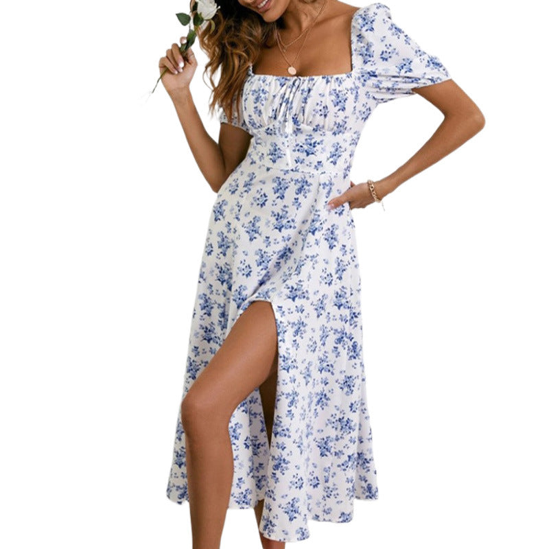 cute outfits fall Women's Summer Printed French Floral Backless Slim Strap Split Dress