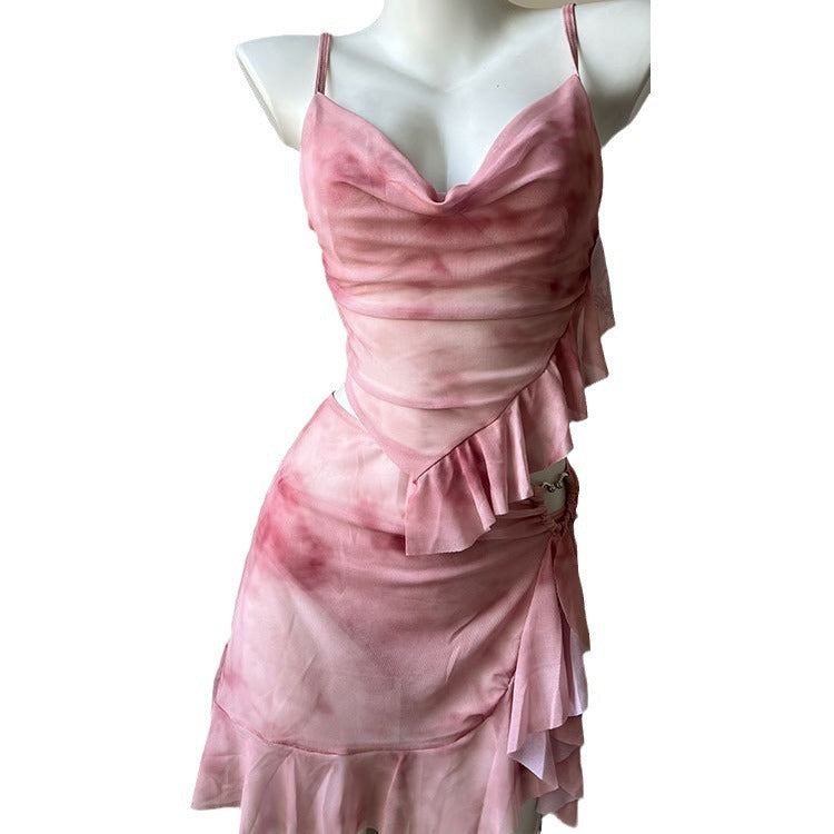 2000s fashion Women's Three-Piece Swimsuit, Two-Piece Steel Bracket, Push up and Cover Meat, Sexy Bikini Skirt, Pure Pink Tie-Dyed, High-Grade