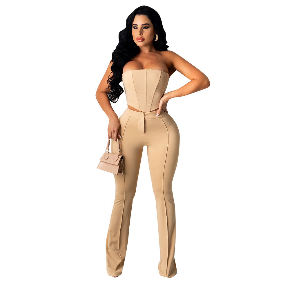 outfit New Sexy Tube Top off-Shoulder Bright Line Decoration Slim Flared Pants Nightclub Suit