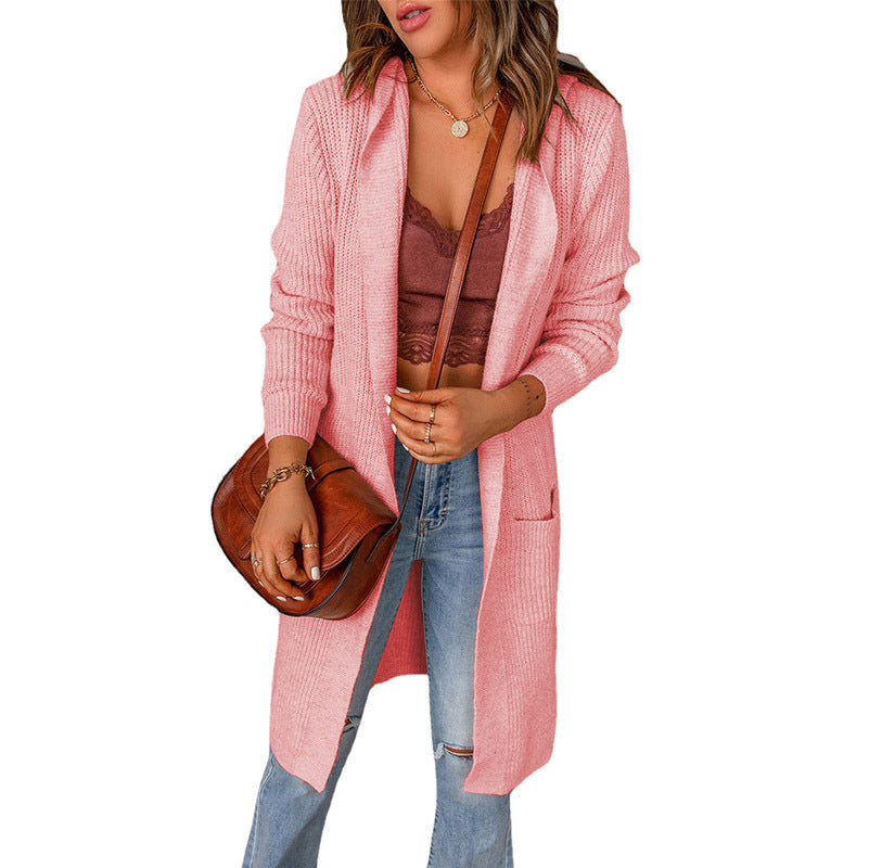 Fashion Autumn and Winter New Solid Color Hooded Coat Women's Mid-Length Shirt Long Sleeve Sweater