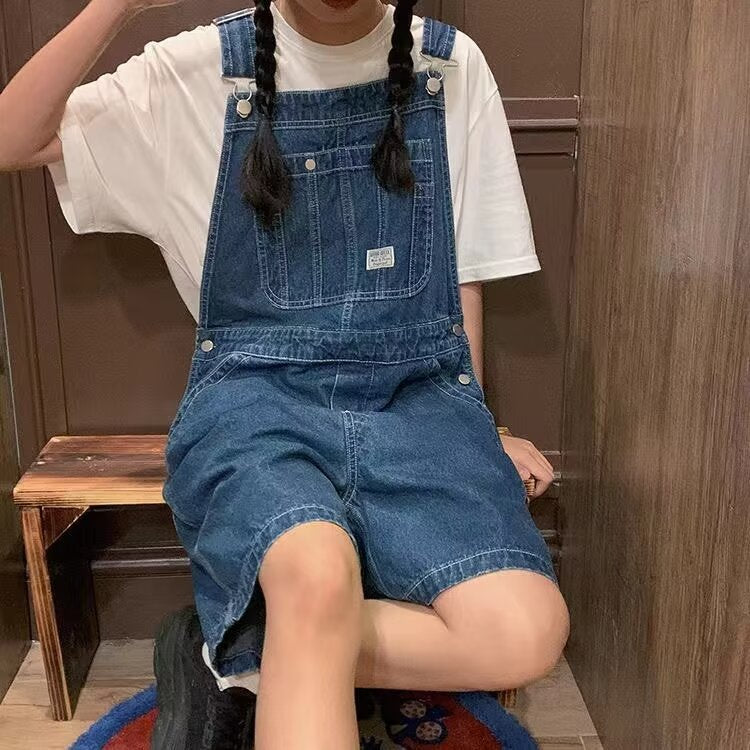 Loose Blue Denim Suspender Pants Women's Spring Girlfriends Wear Wide Leg Shorts Slimming Age-Reducing One-Piece Pants