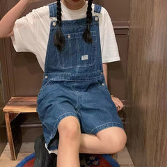 Loose Blue Denim Suspender Pants Women's Spring Girlfriends Wear Wide Leg Shorts Slimming Age-Reducing One-Piece Pants
