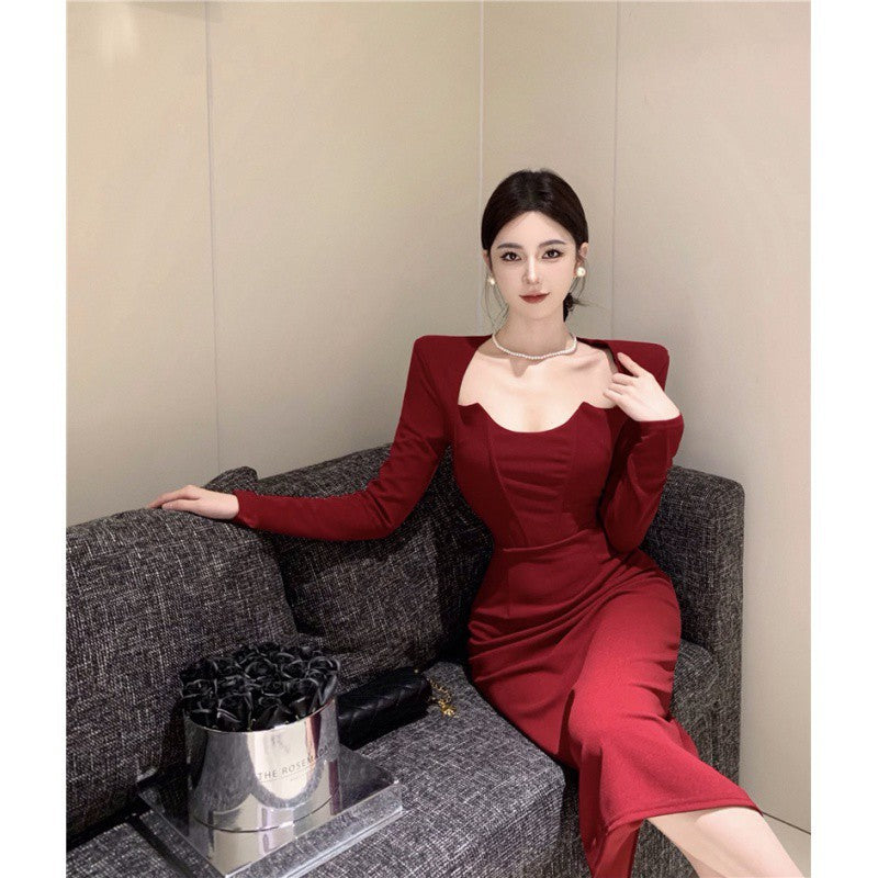 2000s fashion Autumn and Winter New French Long Sleeve Dress Women's High-Grade Elegant Dress Slim Split Hip Skirt