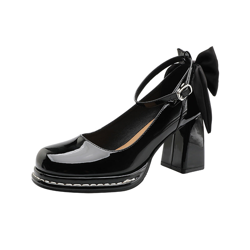 shoes Chunky Heel High Heels Spring Platform Bow Cute Temperament Princess Women's Shoes round Toe Buckle Low-Cut Shoes