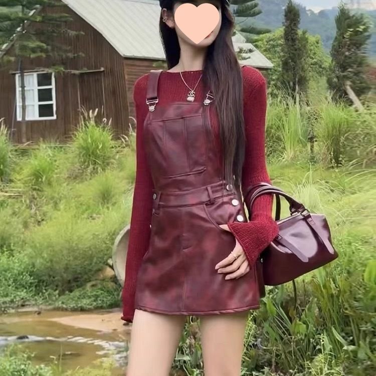 90s fashion American Temperament Strap Dress Women's Clothing Early Autumn New Long-Sleeved Sweater Hot Girl Niche Leather Skirt Fashion Suit