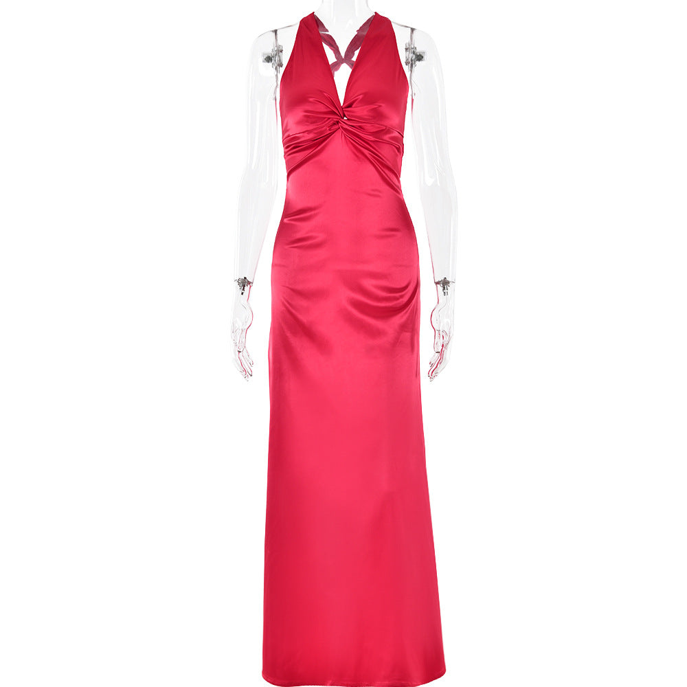 pink panther costume INS Style Fashion Sexy V-neck Lace-up Backless Dress Slim Satin Dress