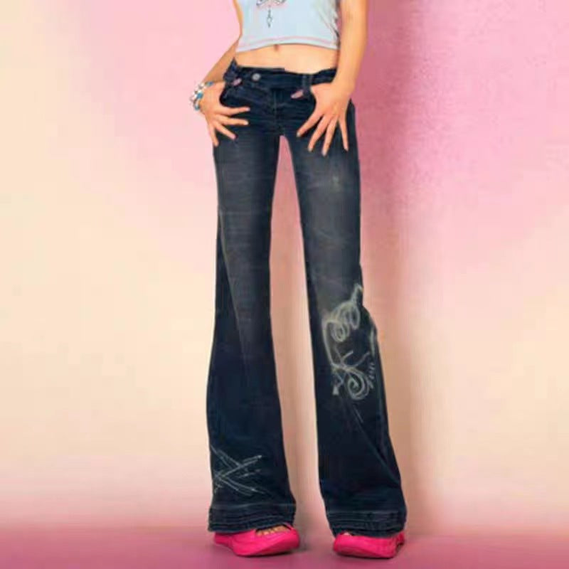 2000s fashion American Style Distressed Washed Special Love Printed Trendy Retro Jeans Women's High Street Sexy Low Waist Jeans