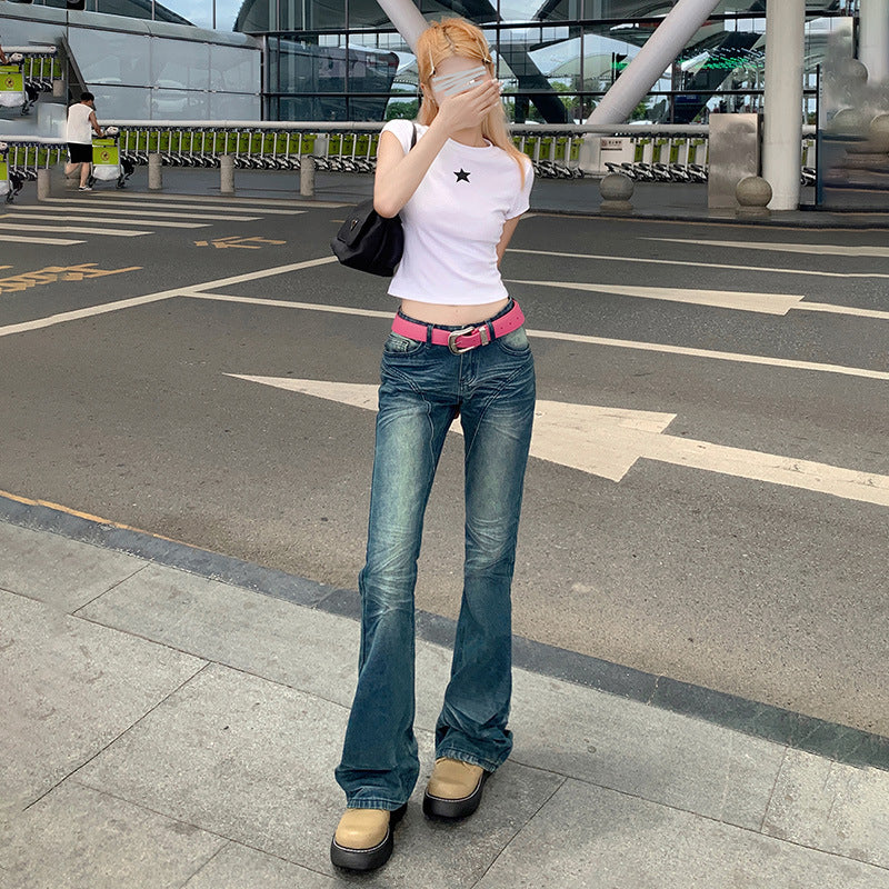 y2k outfits Flared Jeans Women's Autumn New American Retro Embroidered Low Waist Slimming Slim Fit Flared Pants Fashion