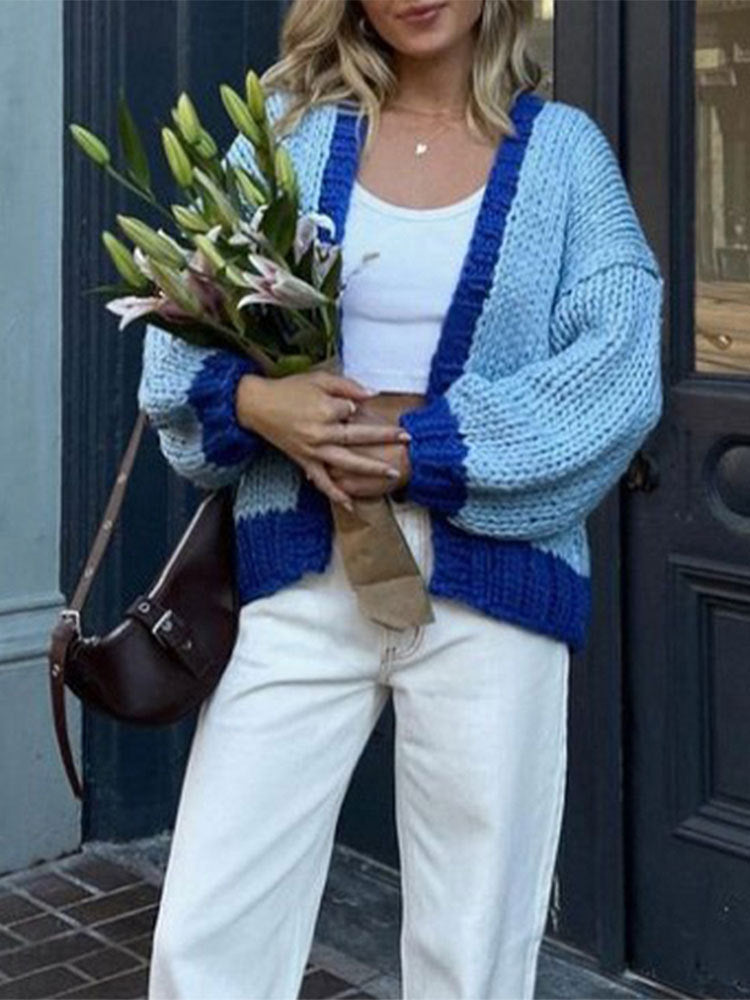 women’s fashion New Color Matching Knitted Long-Sleeved Cardigan Fashion Women's Loose Casual Sweater Coat