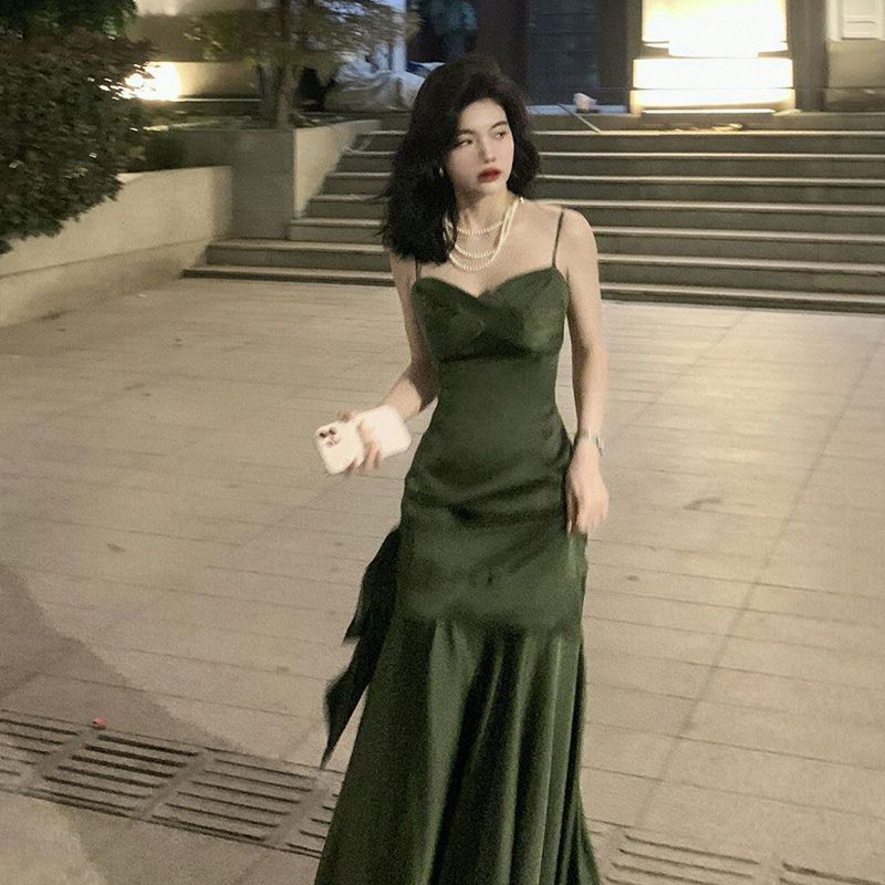 prom dresses French Style Green Strap Backless Dress Women's Niche Design Sexy Dress Long Skirt