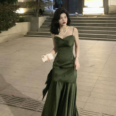 prom dresses French Style Green Strap Backless Dress Women's Niche Design Sexy Dress Long Skirt