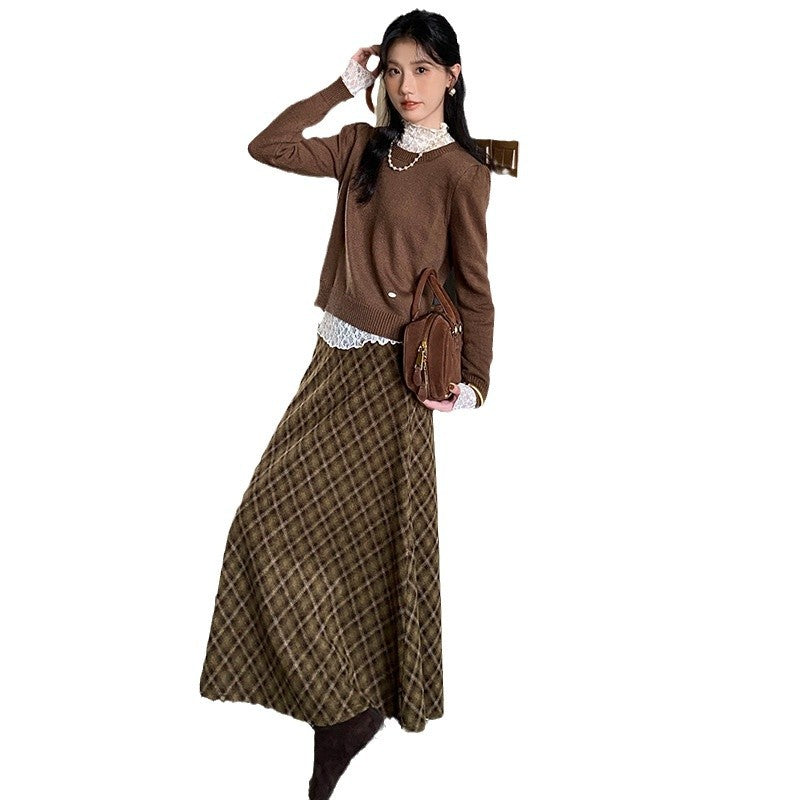 midi skirt outfit fall Maillard Retro Coffee Green Plaid Skirt Women's Long Skirt Autumn and Winter High Waist A- line Skirt