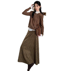 midi skirt outfit fall Maillard Retro Coffee Green Plaid Skirt Women's Long Skirt Autumn and Winter High Waist A- line Skirt