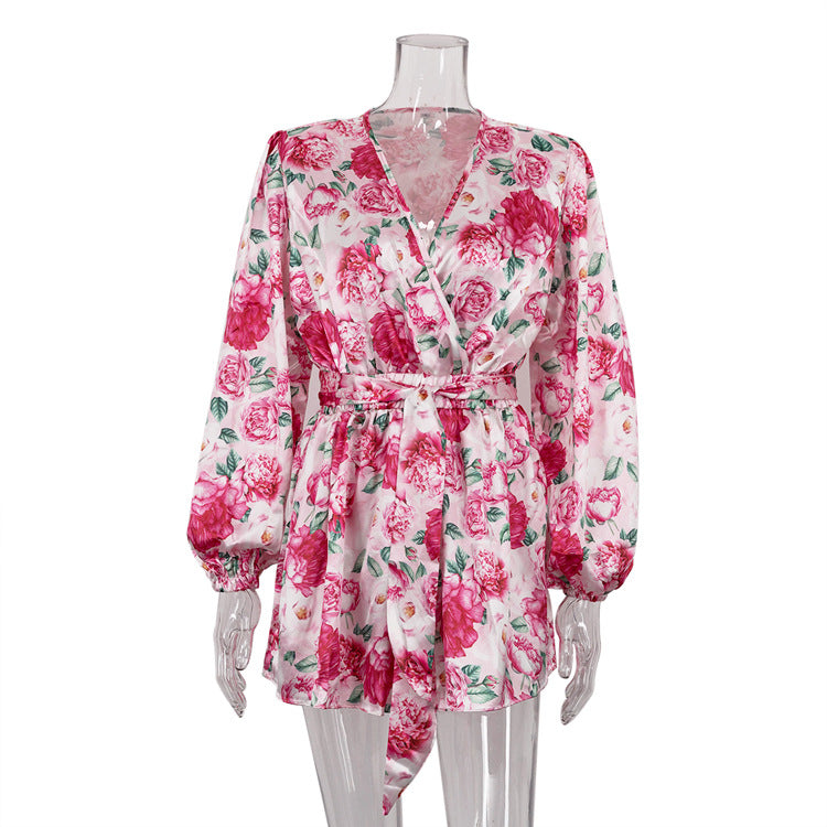 android vs cyberborg dress to impress Autumn New Printed Jumpsuit Women's High-Grade Draping V-neck Lace-up Waist-Tight Long Sleeve Jumpsuit