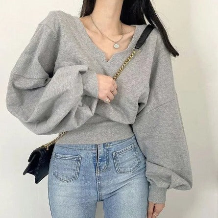 fashion outfits round Neck Pullover Waist-Tight Long-Sleeved Sweater Women's Spring and Autumn Casual Niche Short Slim Top