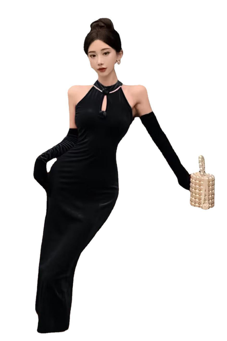 dress to impress outfits Banquet Host Auto Show Dress Long Dress Improved Cheongsam Dress Sexy Split Halter Velvet Dress