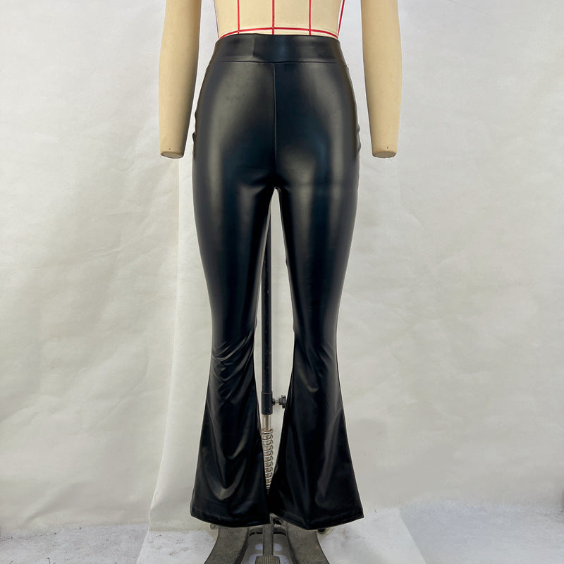 frat outfits Women's Winter New High Waist Light PU Leather Pants Trousers Black Glossy Flared Trousers Women's Pants