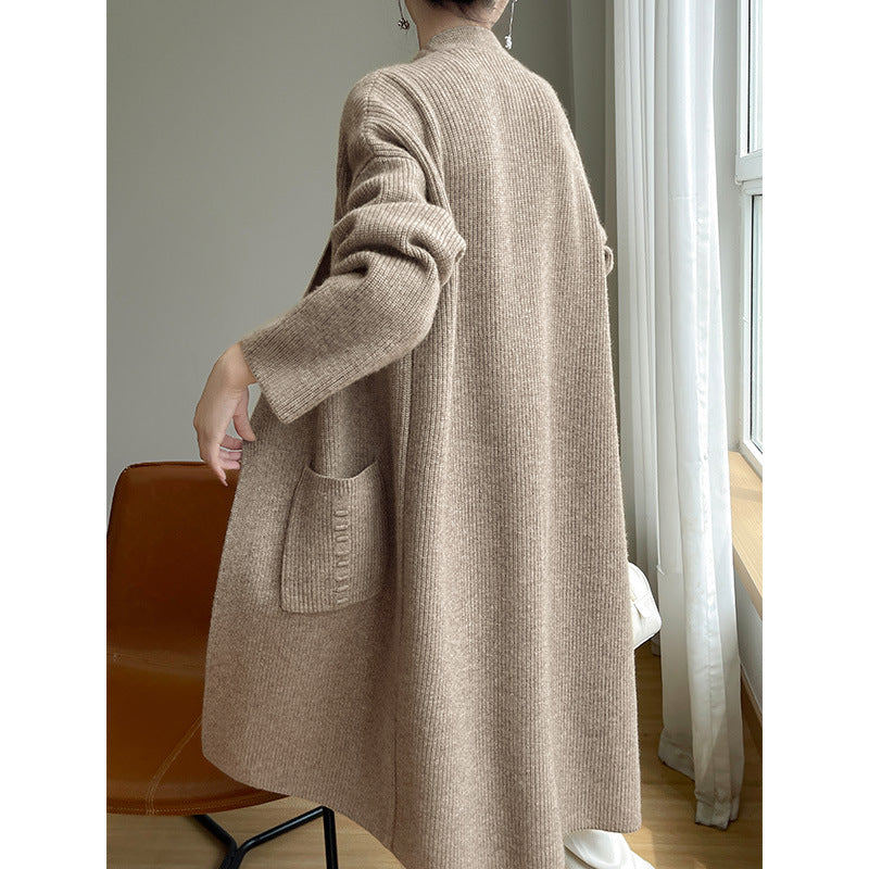 black sweater dress outfit Korean Style Loose Lazy Style Pure Wool Cardigan Women's V-neck Mid-Length Thickened Coat with Pocket Cashmere Coat