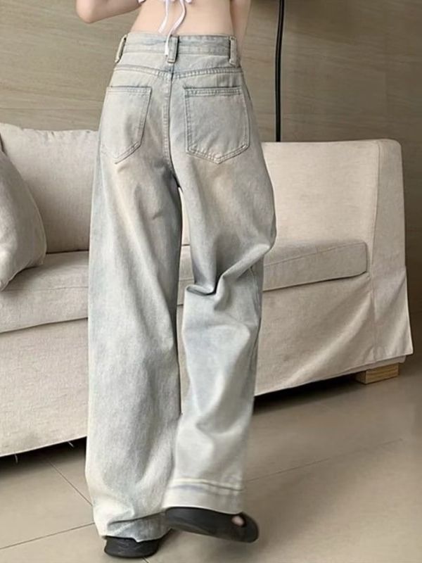 outfit inspo American High Street Distressed Jeans Women's Autumn Small High Waist Loose Slimming Washed Straight Mop Wide Leg Pants