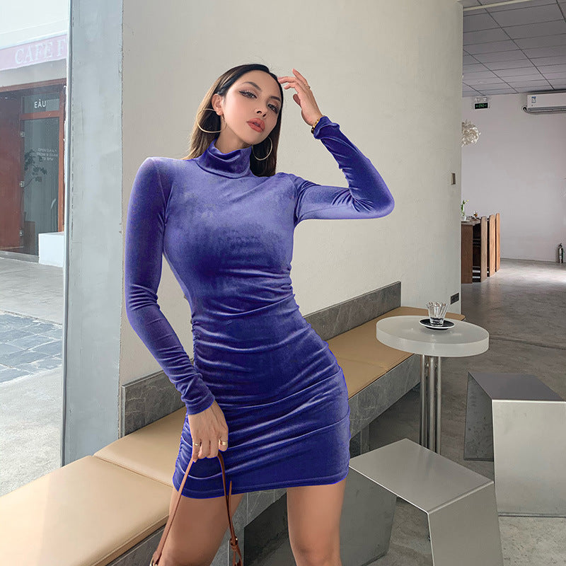New Dress Women's Autumn and Winter Women's Clothing Long Sleeve Sexy Slim Fit Hot Girl Shrink Fold Suede