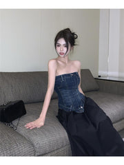 outfit Hot Girl Style Sexy Slim Fit Slimming Denim Tube Top High Waist A- line Pleated Skirt Women's Spring Two-Piece Set