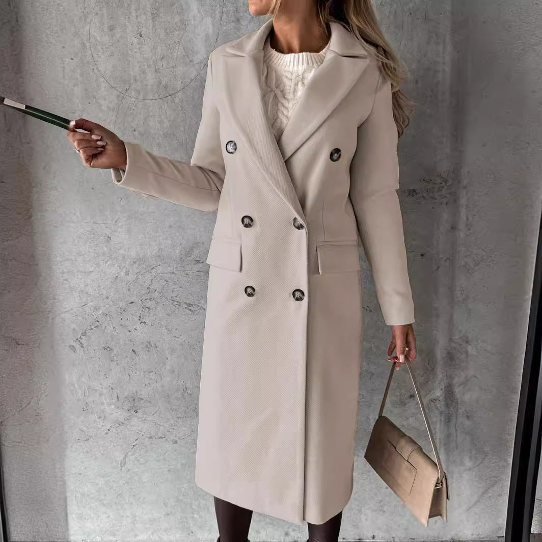 Women's Spring 2024 New Coat All-Match Woolen Coat Solid Color Long Sleeve Double Breasted Pocket