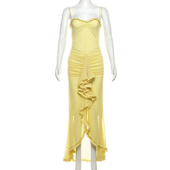 funky yellow sunglasses Autumn New Sweet Fresh Furry Lotus Leaf Lace Stitching V-neck Low-Cut Gauze Irregular Dress