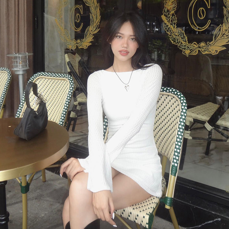 Fashion Street Shooting Simple Long Sleeve Dress Spring New Hot Girl Sexy Big Backless Waist Skirt