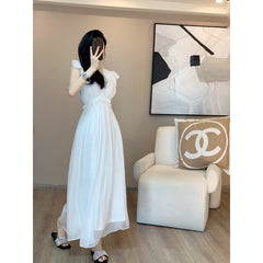 black sweater dress outfit French Style Dress Women's Summer Elegant Waist Slimming White Fairy Dress