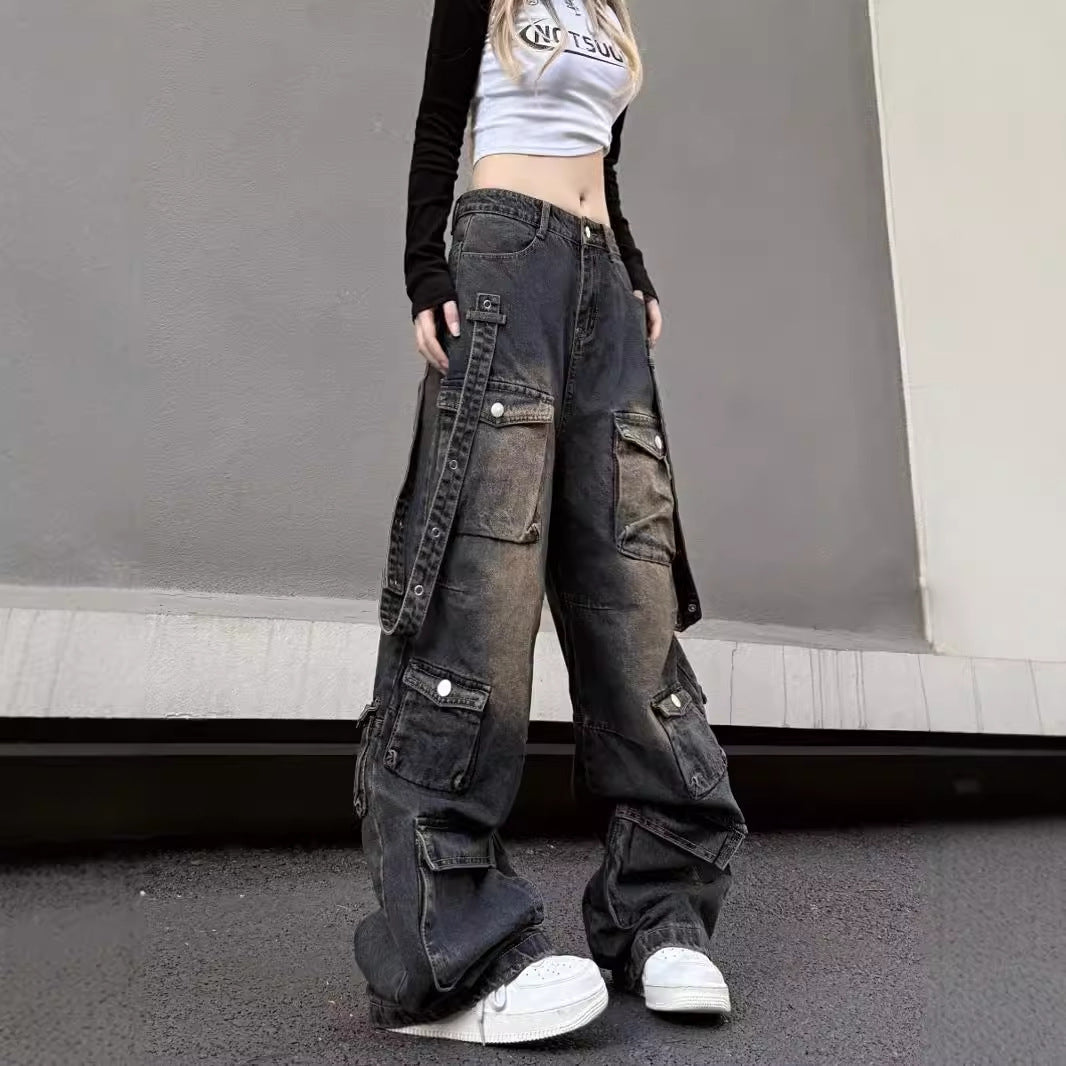 fashion outfits American Retro High Street Multi-Pocket Workwear Jeans Men's and Women's Oversize Hip Hop Draping Pants Ins Fashion