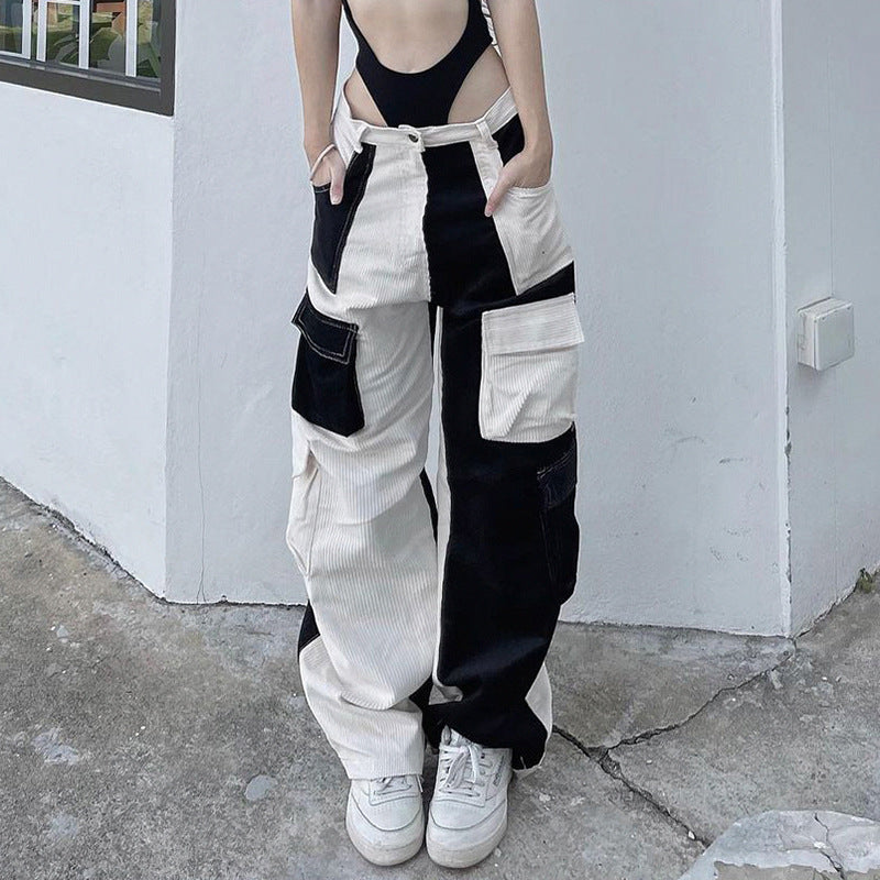 y2k outfits American Sports Street Contrast Color High Waist Corduroy Trousers 2024 Spring and Summer New Multi-Pocket Straight Wide Leg Workwear
