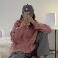 clothes Korean Style Half Zipper Sweater Women's Autumn and Winter New Style Pit Design Sense Stand Collar Soft Glutinous Loose Outer Wear Sweater Top