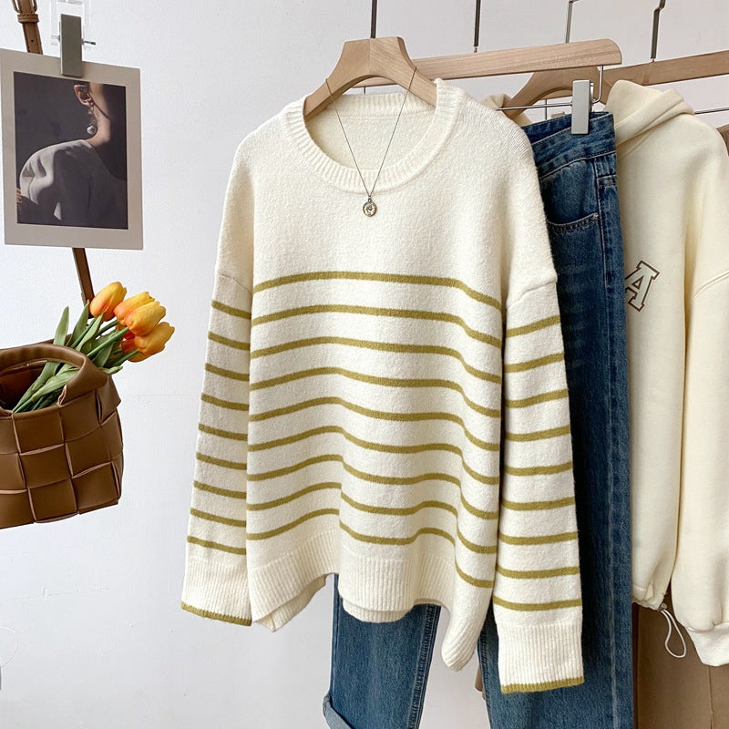 style Autumn and Winter New Korean Style round Neck Striped Sweater Glutinous Rice Velvet Skin-Friendly Anti-Pilling Loose Lazy Top